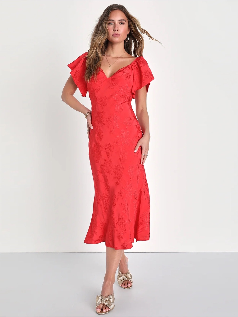 Lulus - Effervescent Afternoon Red Satin Flutter Sleeve Midi Dress